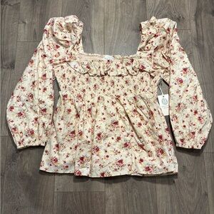 Hyacinth House Women's Cream & Red Floral Squareneck Smocked Blouse Size XL NWT